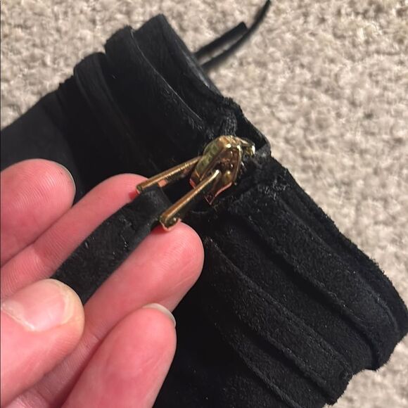 Sam Edelman Black Heeled Fringe Boots with gold trim - Picture 9 of 13